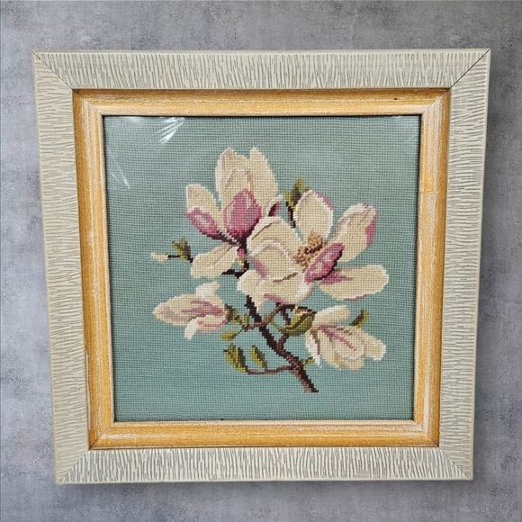 Vintage Handmade Framed Orchid Floral Bouquet Needle Point 16.75" x 16.75" - Picture 1 of 6
